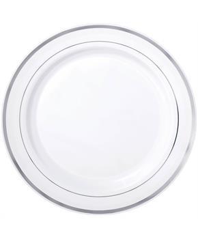 White 7.5 in. Plastic Plates with Silver Trim