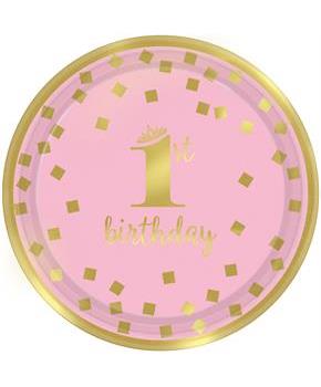 Gold 1st Birthday Girl 7 in. Round Metallic Plates