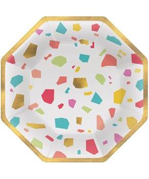 Rainbow Terrazzo 7 in. Octagonal Metallic Paper Plates