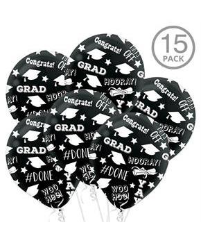 Black Graduation Latex Printed Balloons (15 Count)