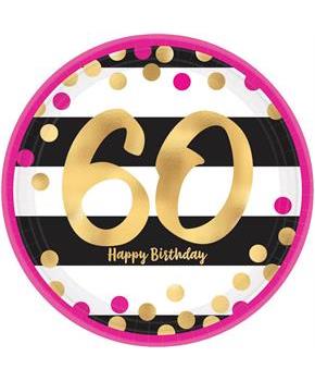 Pink & Gold 60th Birthday 9" Metallic Plates (8)