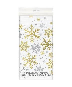 Silver & Gold Holiday Snowflake Plastic Tablecover 54" x 84"