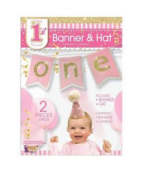First Birthday Girl Banner & Hat Set