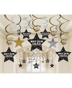 Graduation Star Swirl Decorations - Black, Silver and Gold