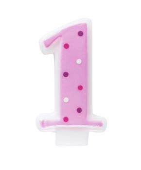 Pink #1 Candle with Polka Dots
