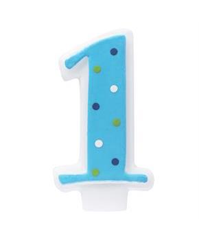 Blue #1 Candle with Polka Dots