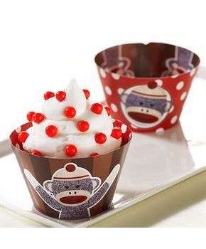 Sock Monkey Red Reversible Cupcake Wrappers