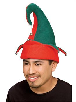 Adult Red and Green Elf Hat with Bells