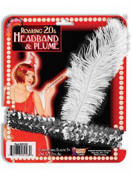 Flapper Headband in Silver with a White Feather