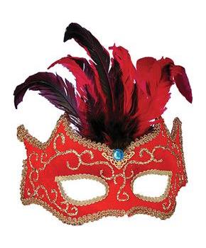 Red With Gold Trim And Feathers Half Mask