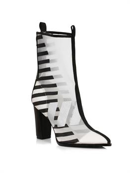 Womens Black and White Mid Calf Heeled Booties 