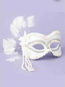White Masquerade Mask with Beads & Feathers