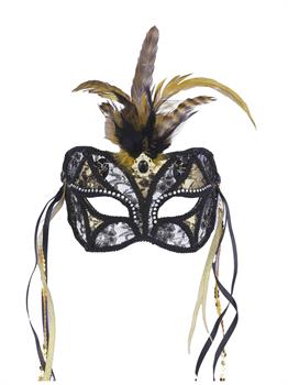 Black & Gold Lace Mask with Feathers