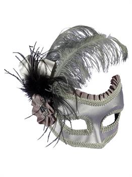 Silver Satin Masquerade Mask with Feathers