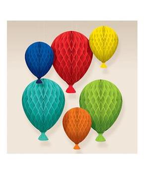 6 Balloon Shaped Assorted Hanging Honeycomb Decorations