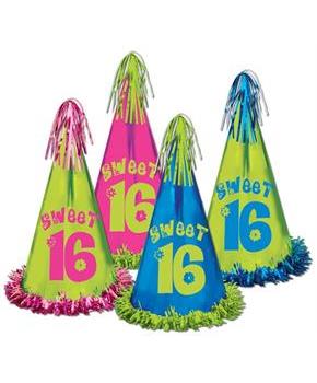 Fringed Foil Sweet 16 Party Hats