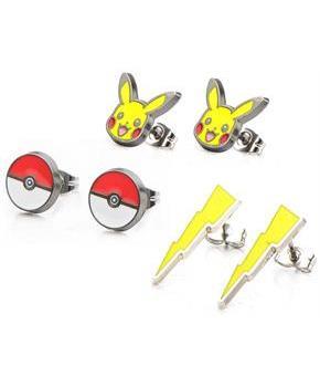 Pokemon Pikachu, Lightning Bolt and Pokeball Stud Earrings, Set of 3