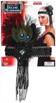 Black Sequin Adult Costume Flapper Headband With Peacock Feather