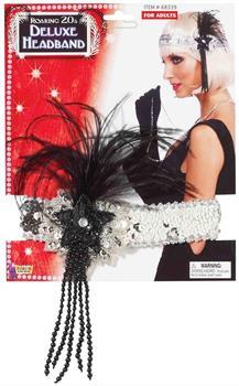 Silver Sequin Adult Costume Flapper Headband With Black Feathers