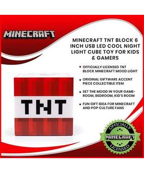 Minecraft TNT Block 6 Inch USB LED Cool Night Light Cube Toy for Kids & Gamers
