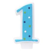 Blue #1 Candle with Polka Dots