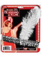 Flapper Headband in Silver with a White Feather