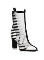 Womens Black and White Mid Calf Heeled Booties 