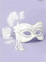 White Masquerade Mask with Beads & Feathers