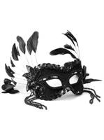 Black Masquerade Mask with Beads & Feathers