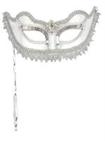 White & Silver Venetian Stick Mask