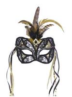 Black & Gold Lace Mask with Feathers