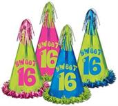 Fringed Foil Sweet 16 Party Hats