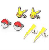 Pokemon Pikachu, Lightning Bolt and Pokeball Stud Earrings, Set of 3