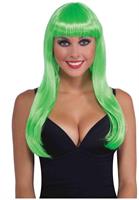 Neon Green Long Sassy Adult Costume Wig With Bangs